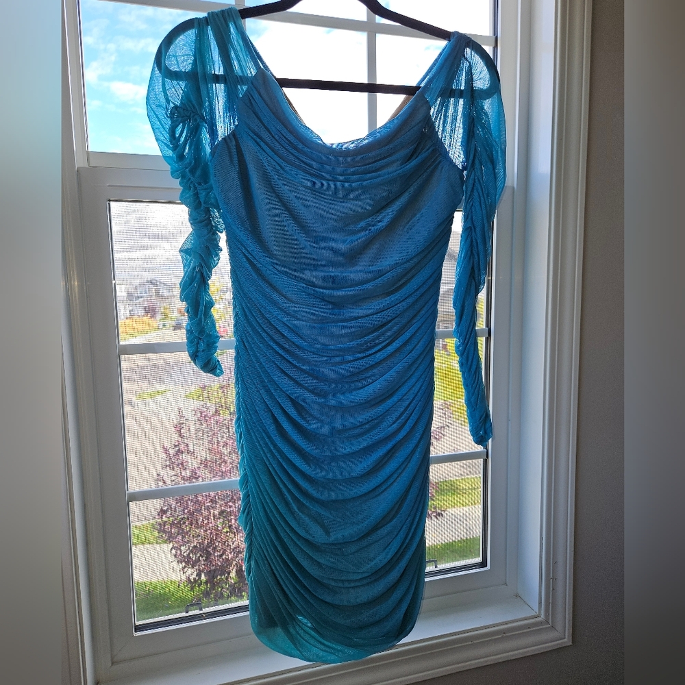 Bebe Stunning Blue Bodycon Mesh Dress Large